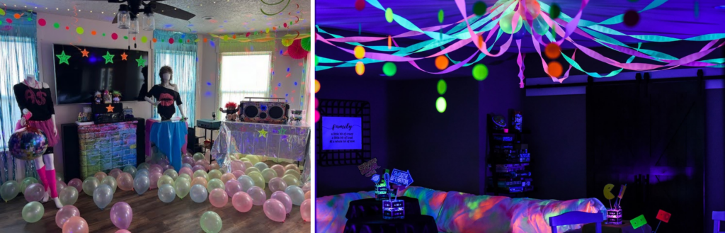 Night of Mystery | Sweet-16 Themes: From Glam To Mystery She’ll Never Forget A retro 1980s party setup featuring neon decorations, balloons, mannequins, and a blacklight glow effect.