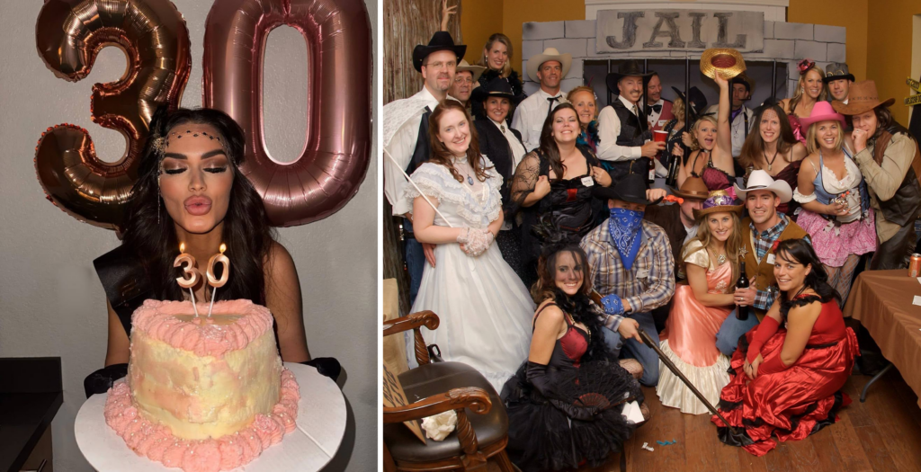 Night of Mystery | 30th Birthday Party Ideas To Throw The Best Mystery Of The Decade A woman celebrating her 30th birthday next to a large group of party guests dressed in Wild West costumes for a themed murder mystery event.