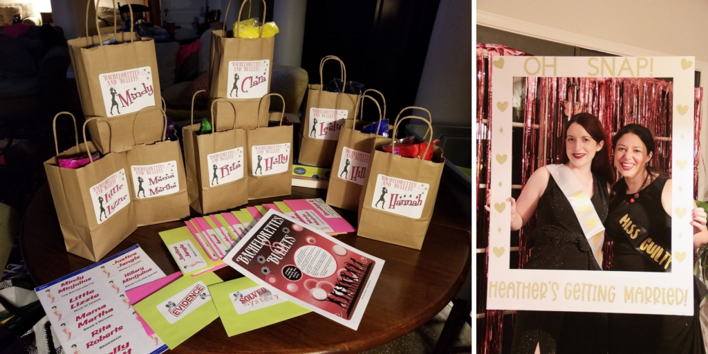 Night of Mystery | Bachelorette Party Games That Make The Last Single Night Legendary An elegant bachelorette-themed murder mystery party setup with personalized gift bags, game materials, and guests posing for photos.