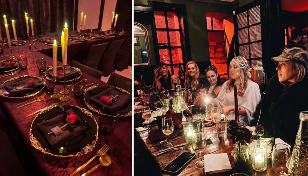 Night of Mystery | Halloween Games For Adults: From Classic Party Hits To Mystery Night Standouts An elegant, candlelit dinner party with guests dressed up for a themed murder mystery event.
