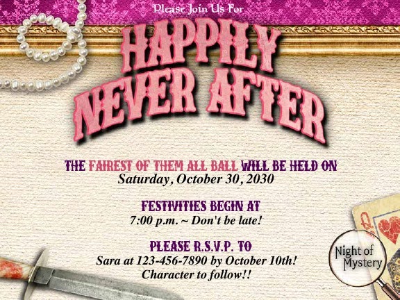 Night of Mystery | Sleepover Games For Teens And Tweens That Beat Truth Or Dare An invitation card for a fairy-tale-themed murder mystery party event.