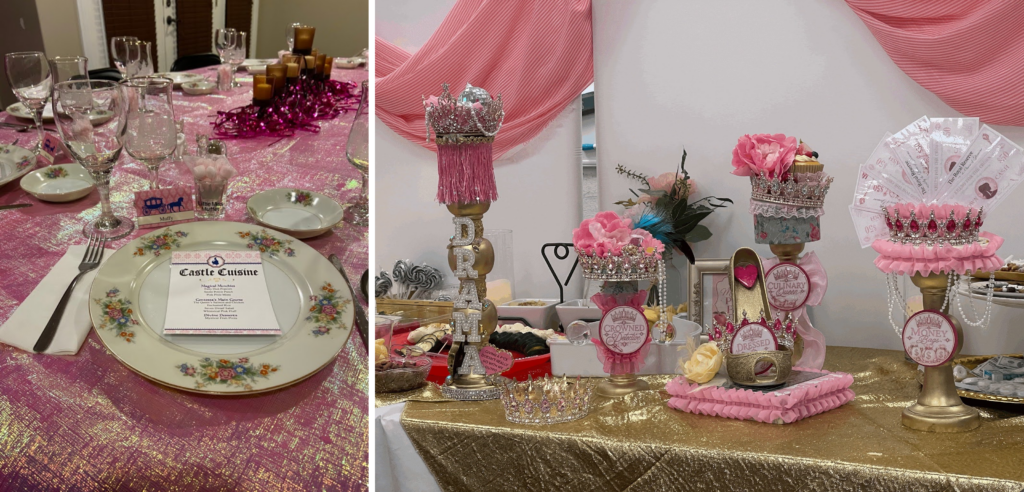 Night of Mystery | Sleepover Games For Teens And Tweens That Beat Truth Or Dare Elegant royal-themed party tables featuring floral china placeholders, menus, and elaborate pink and gold centerpieces decorated with tiaras and miniature crowns.