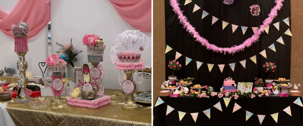 Night of Mystery | Wedding Shower Games Guests Will Actually Want To Play Festive party tables decorated in a princess theme, featuring pink and gold centerpieces, small tiaras, a tiered cake, and pastel triangular banner garlands against a black backdrop.