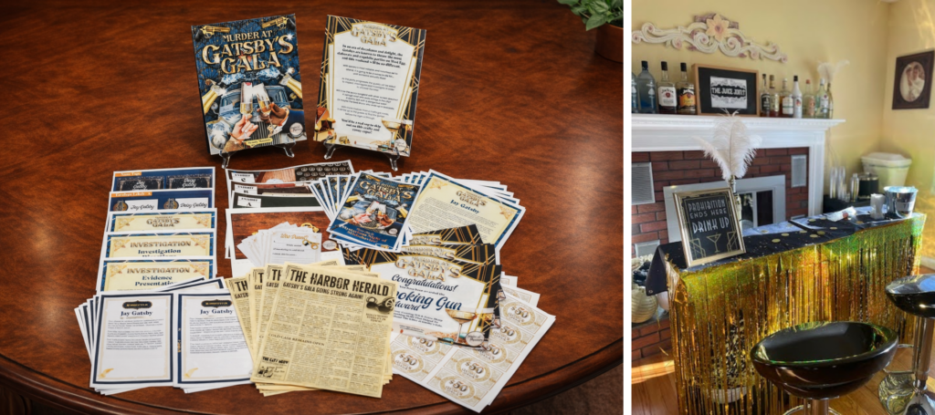 Night of Mystery | 40th Birthday Party Ideas: Hit The Big 4-0 With A Murder Mystery Twist Game materials and a decorated home bar set up for a 1920s Great Gatsby-themed murder mystery party.