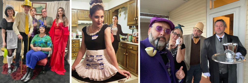 Night of Mystery | Clue Themed Party: A Whodunit Night With Colorful Characters And Hidden Weapons Guests dressed in colorful character costumes, including a maid and butler, for a Clue-themed murder mystery party.