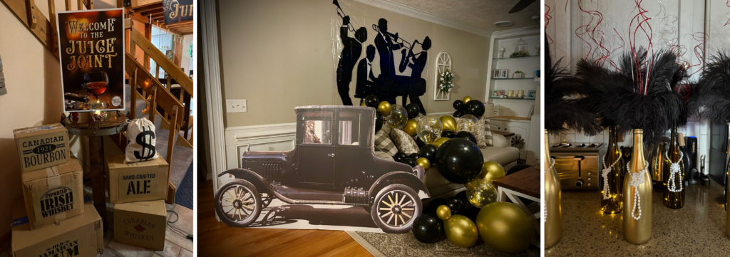 Night of Mystery | Speakeasy Party Ideas For A Prohibition-Era Mystery Night Guests dressed in distinctive colors, including a maid costume, posing for a Clue-themed murder mystery party.