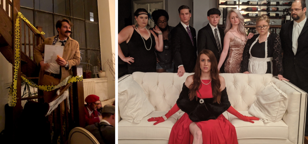 Night of Mystery | Clue Themed Party: A Whodunit Night With Colorful Characters And Hidden Weapons Guests in formal 1920s attire posing dramatically around a white sofa during a mansion-themed murder mystery party.