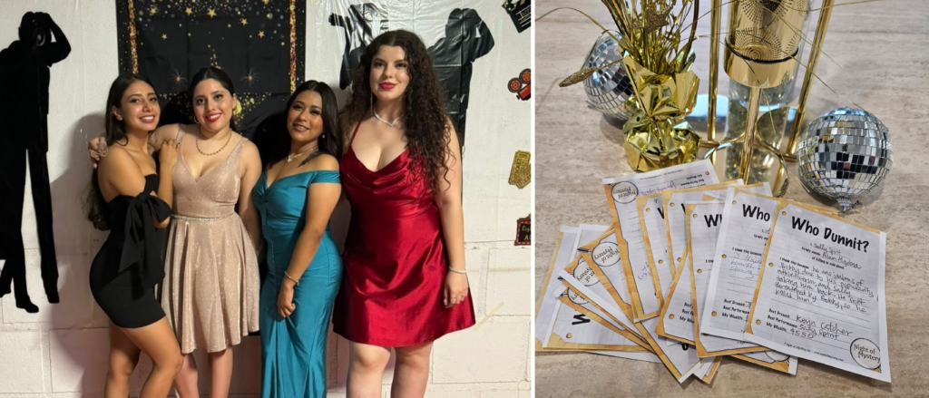 Night of Mystery | 40th Birthday Party Ideas: Hit The Big 4-0 With A Murder Mystery Twist Guests in formal attire posing next to game sheets at a Hollywood-themed murder mystery party.