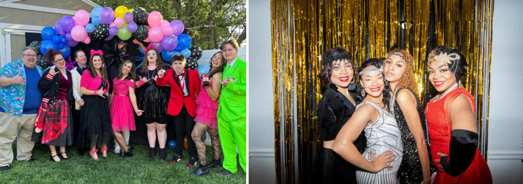 Night of Mystery | 40th Birthday Party Ideas: Hit The Big 4-0 With A Murder Mystery Twist Guests posing for photos in colorful 1980s retro outfits and glamorous 1920s flapper costumes at themed parties.