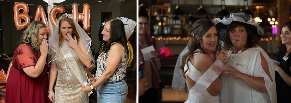 Night of Mystery | Bachelorette Party Games That Make The Last Single Night Legendary Guests sharing a surprised and celebratory moment with the bride-to-be at a bachelorette party.