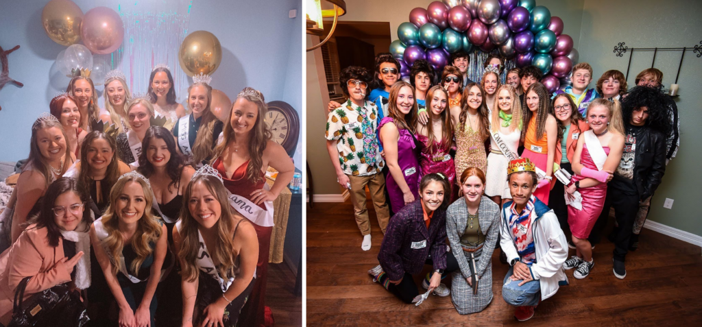 Night of Mystery | Sweet 16 Party Ideas: Make Her Birthday The Mystery Of The Year Large groups of smiling teenagers posing for photos at retro and pageant-themed parties with balloons, sashes, and tiaras.