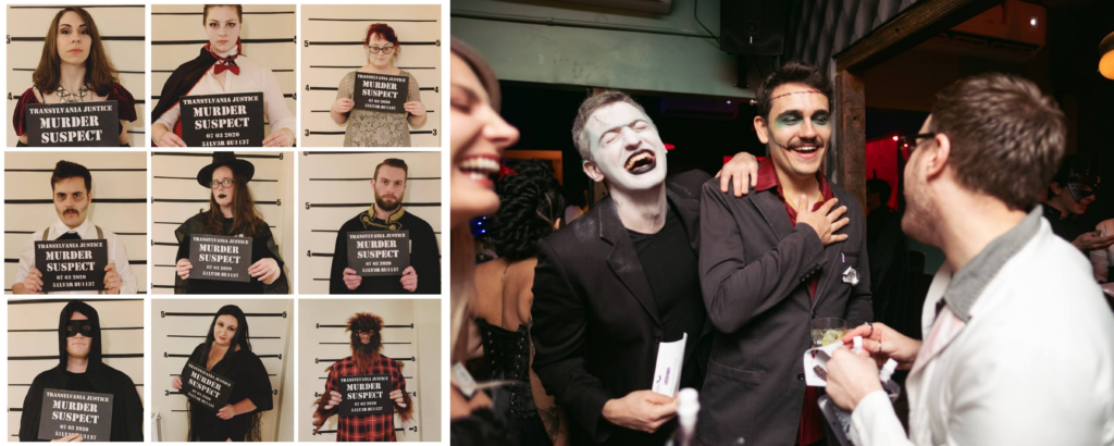 Night of Mystery | Halloween Games For Adults: From Classic Party Hits To Mystery Night Standouts People dressed in spooky monster and Halloween costumes posing for mugshots and laughing together at a murder mystery party.