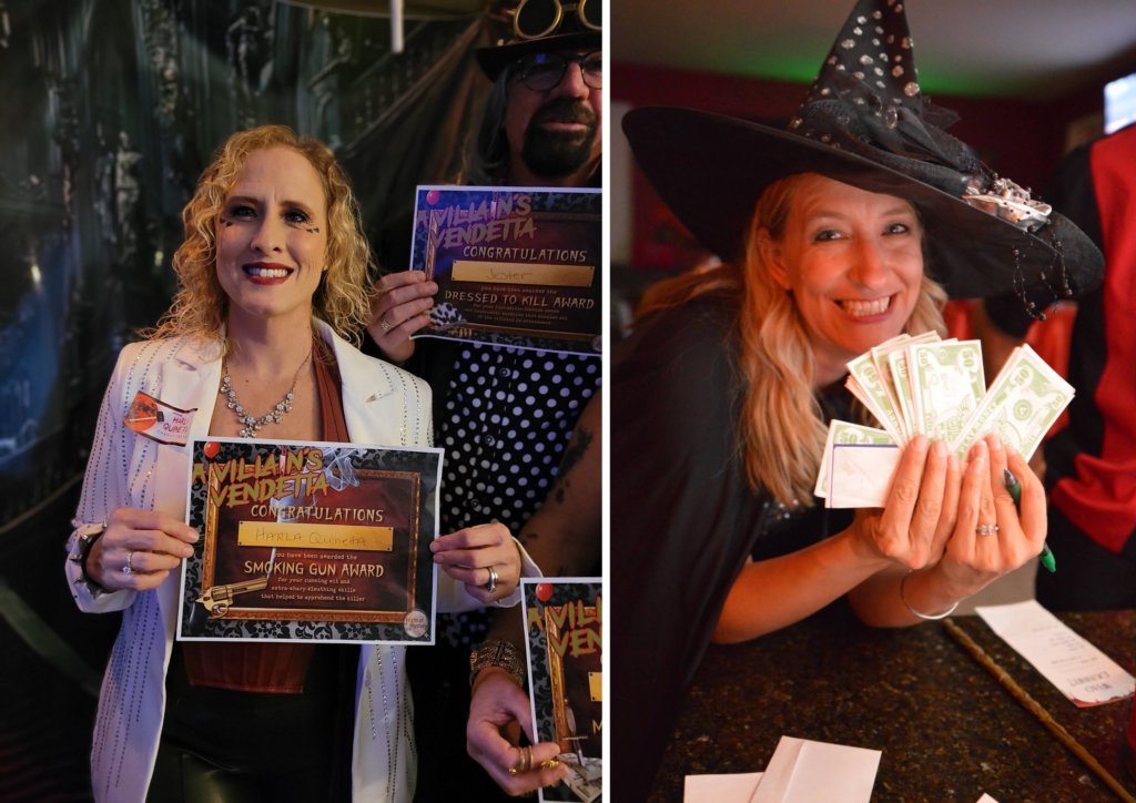 Night of Mystery | Halloween Games For Adults: From Classic Party Hits To Mystery Night Standouts People in Halloween costumes celebrating and holding up awards and play money at a murder mystery party.