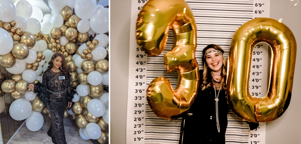 Night of Mystery | 30th Birthday Party Ideas To Throw The Best Mystery Of The Decade Women celebrating a glamorous 30th birthday and a 1920s-themed murder mystery party with balloon backdrops.