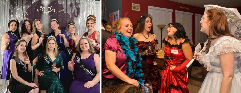 Night of Mystery | Wedding Shower Games Guests Will Actually Want To Play Women in formal gowns, sashes, and tiaras posing for a group photo next to people in vintage costumes laughing and socializing at a party.