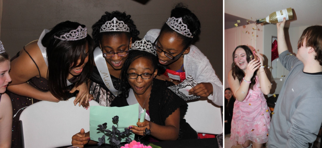 Night of Mystery | Sweet 16 Party Ideas: Make Her Birthday The Mystery Of The Year Young people excitedly celebrating at parties, featuring a group of girls wearing tiaras looking at a card and friends showering confetti from a bottle.