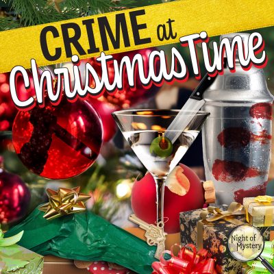 Martini glass with knife, blood-stained shaker, and Christmas decorations, with 'Crime at Christmas Time' text.